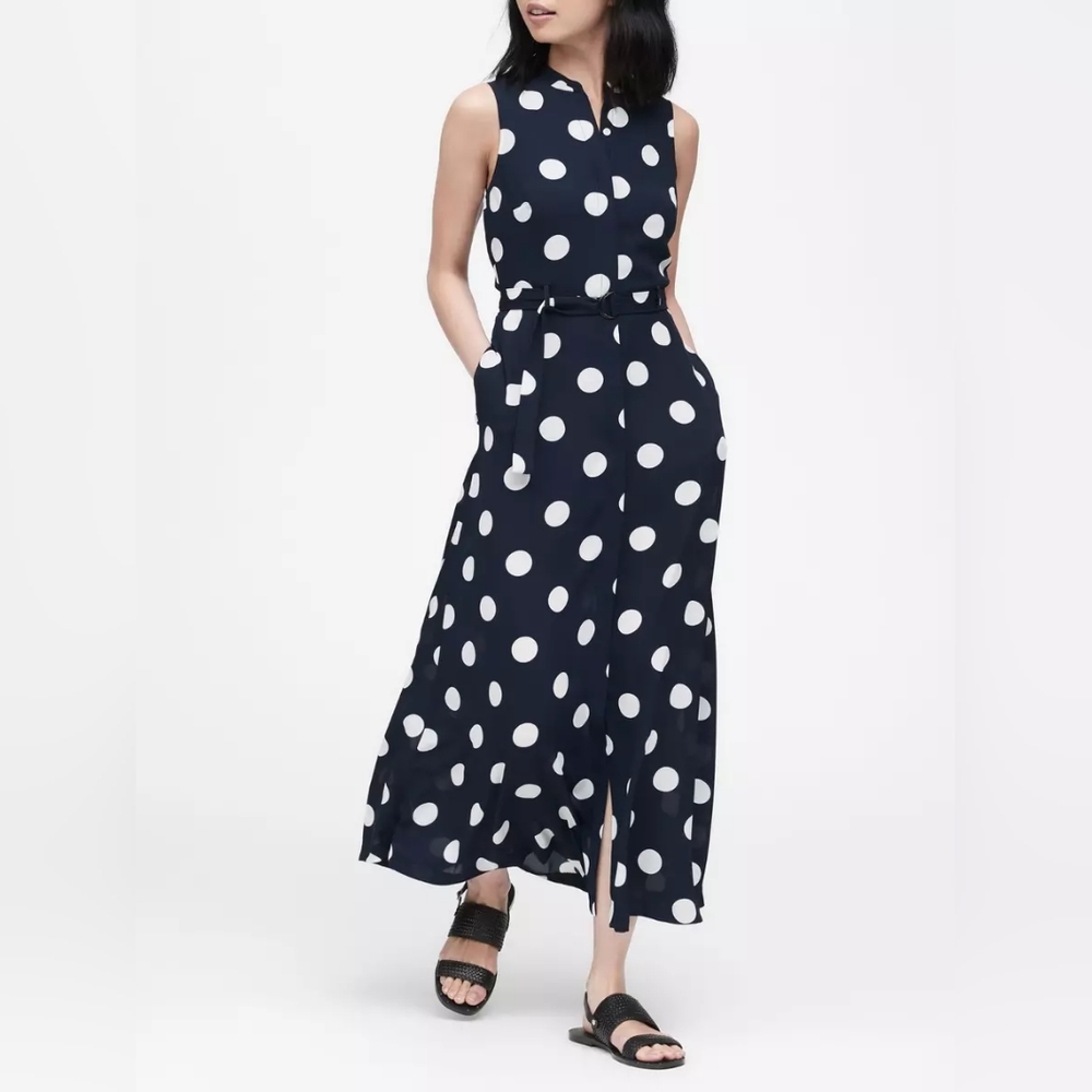 Banana Republic Polka Dot Chiffon Maxi Shirt Dress – Dark Navy, Size 0P